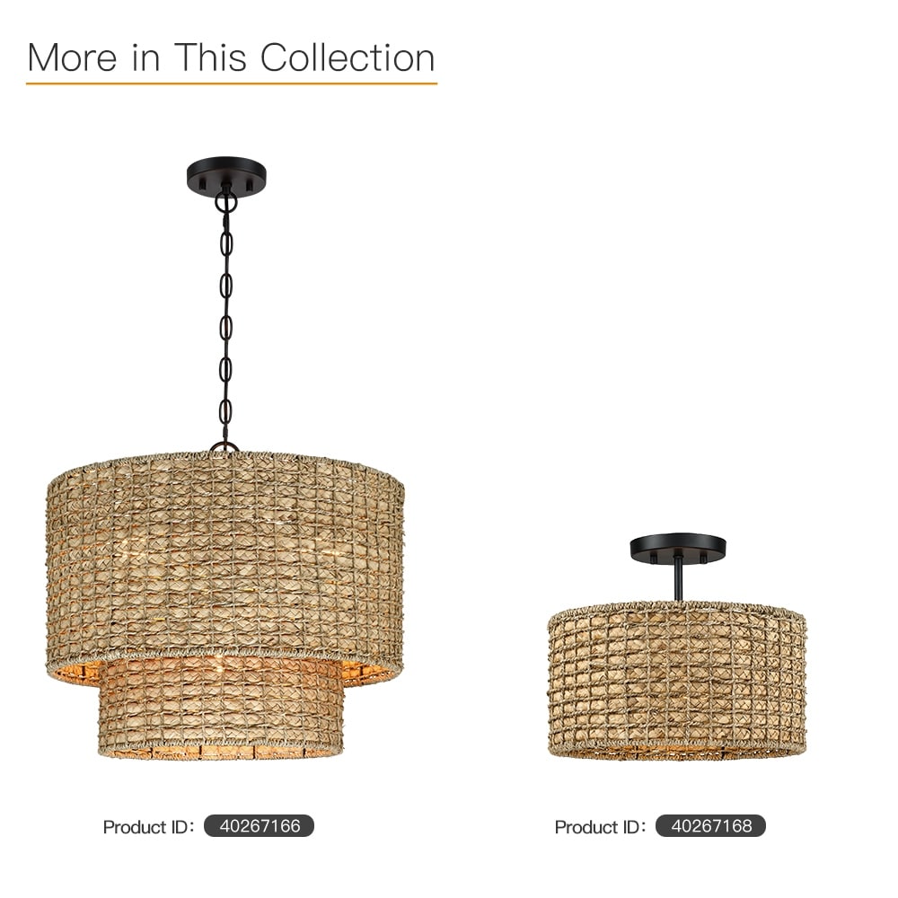 4-Light Natural Rattan Traditional Drum Pendant Light Black Canopy - Black/earthy - 20 in. W