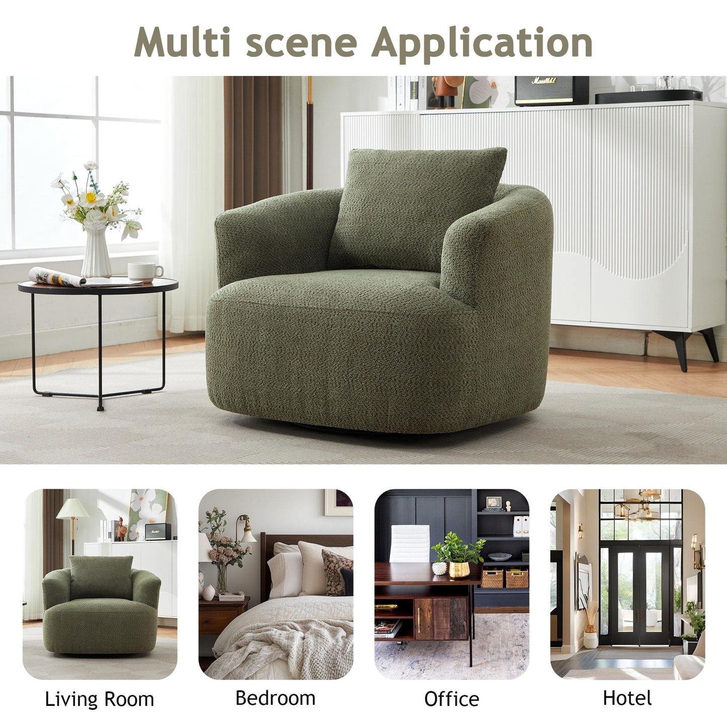 360° Swivel Chair, 38.2 Boucle Accent Chair with Throw Pillow, Upholstered Barrel Sofa Chair with Curved Armrests