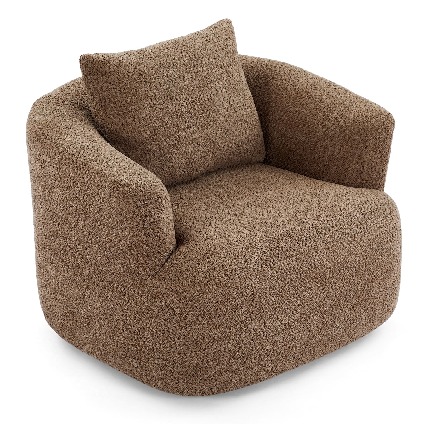 360° Swivel Chair, 38.2 Boucle Accent Chair with Throw Pillow, Upholstered Barrel Sofa Chair with Curved Armrests