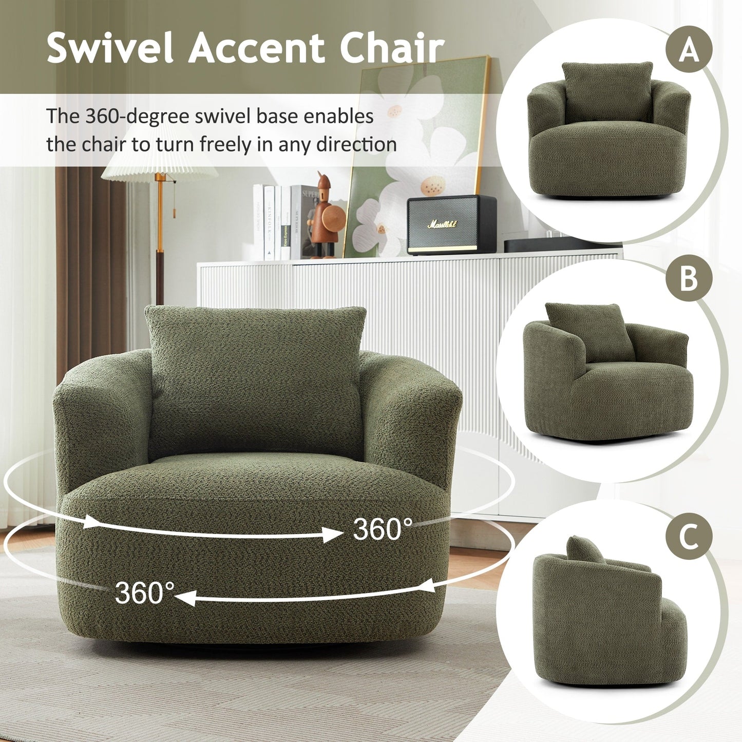 360° Swivel Chair, 38.2 Boucle Accent Chair with Throw Pillow, Upholstered Barrel Sofa Chair with Curved Armrests