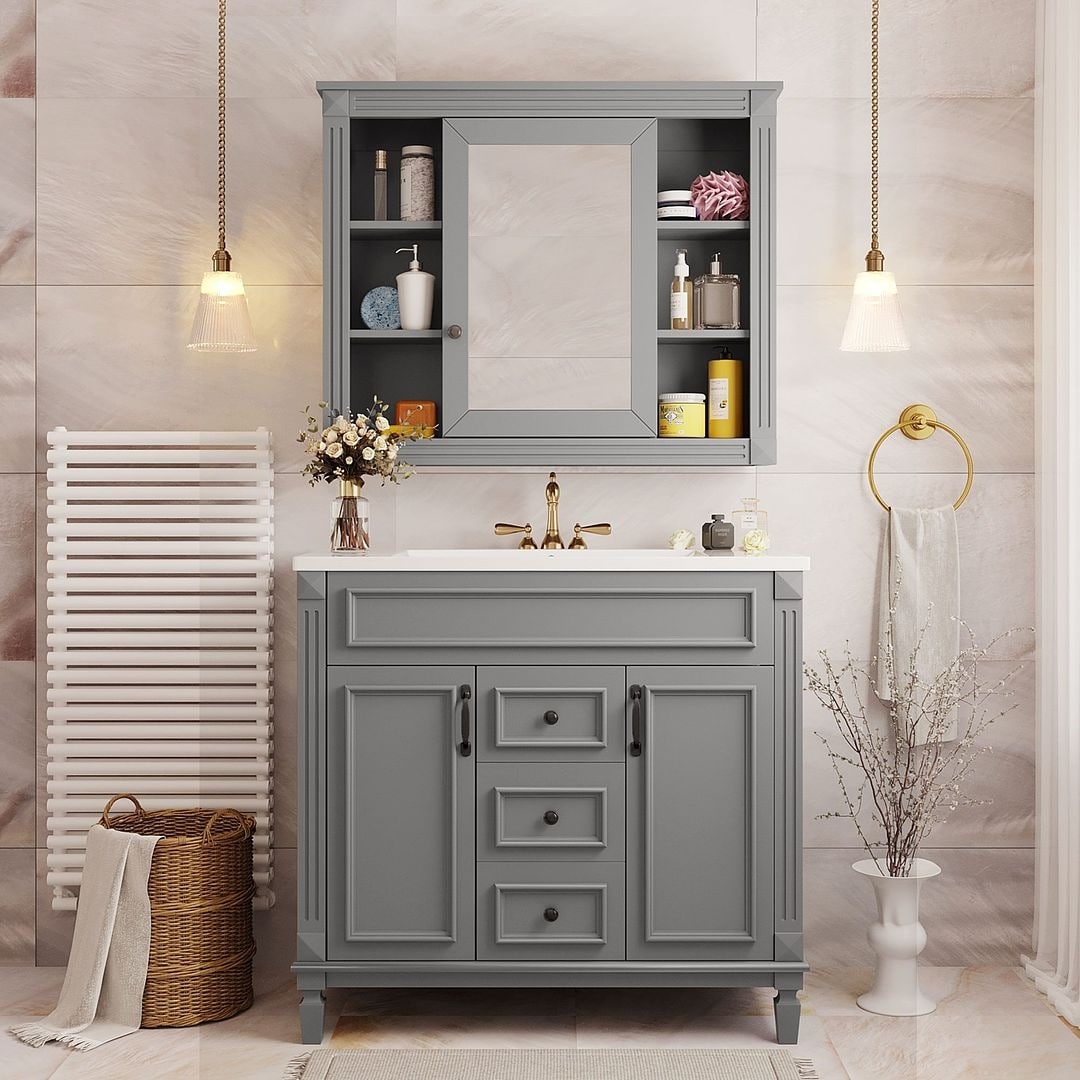 36'' Modern Bathroom Vanity with Top Sink and Mirror Cabinet,2 Doors and 2 Drawers