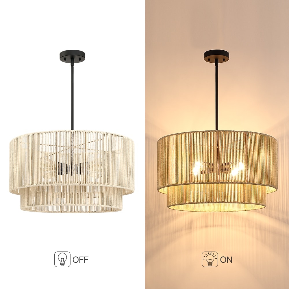 4-Light Rattan Tiered Drum Chandelier Light with Black Canopy - 22'' W