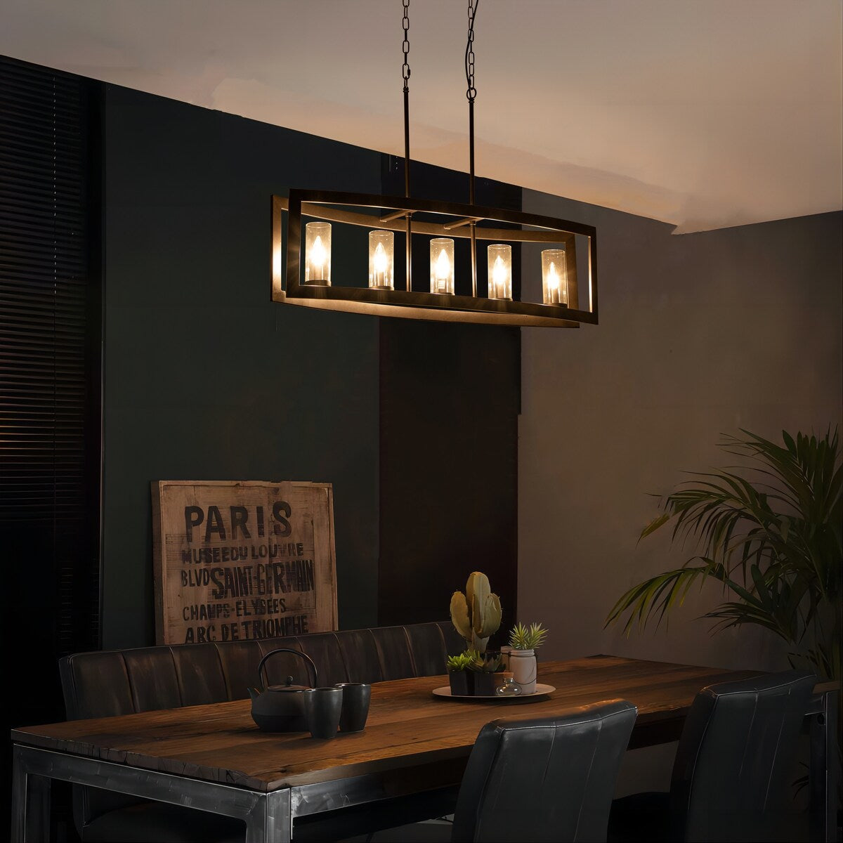 5-Light Mid-Century Modern Industrial Linear Kitchen Island Pendant Vintage Rectangle Glass Chandelier