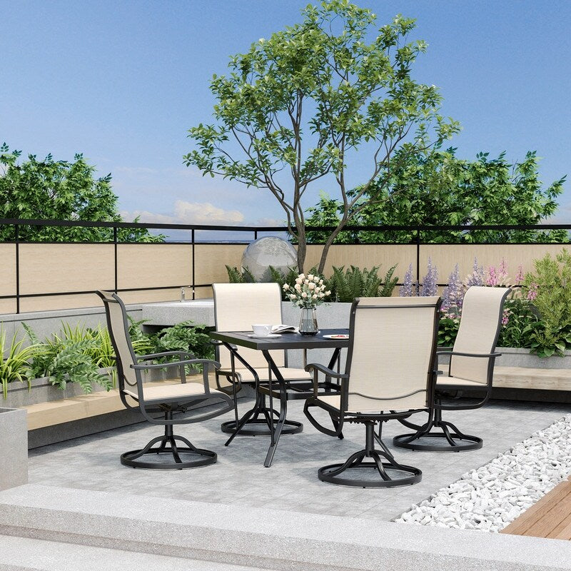 5-Piece Metal Outdoor Patio Dining Set with Square Table and Textilene Swivel Chairs