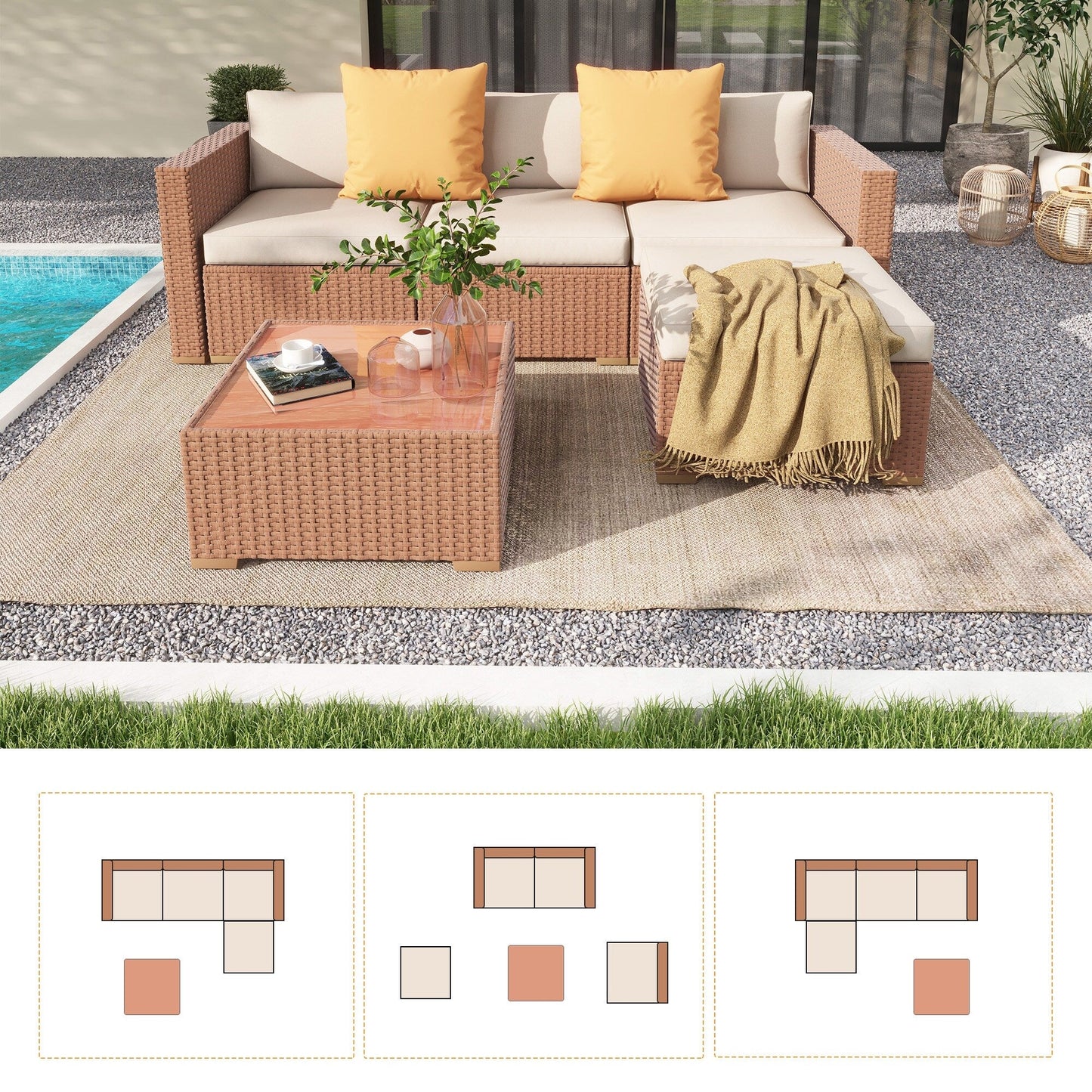 5-piece Outdoor Wicker Sectional Sofa Set with Cushions