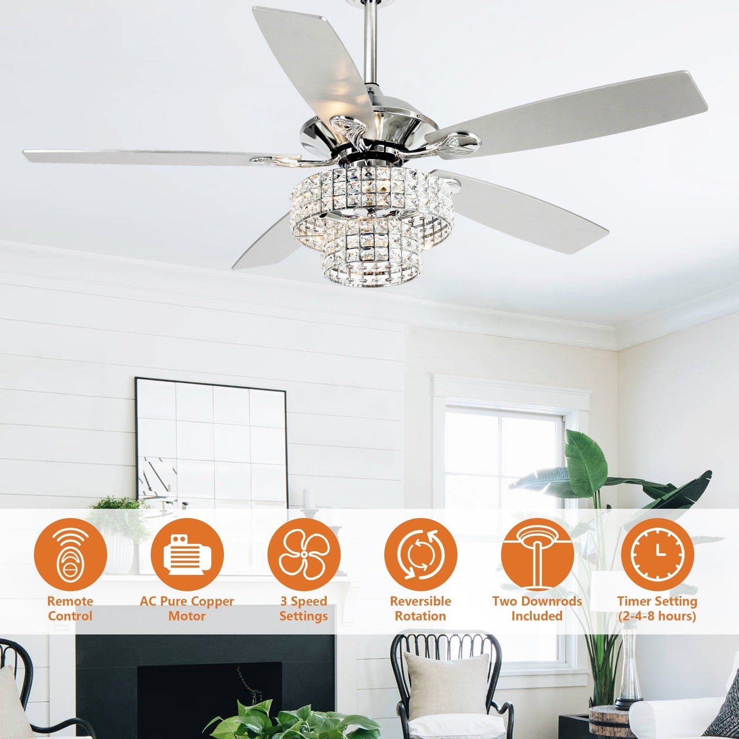 52-inch Chrome Wooden 5-blade Modern Crystal Ceiling Fan with Remote