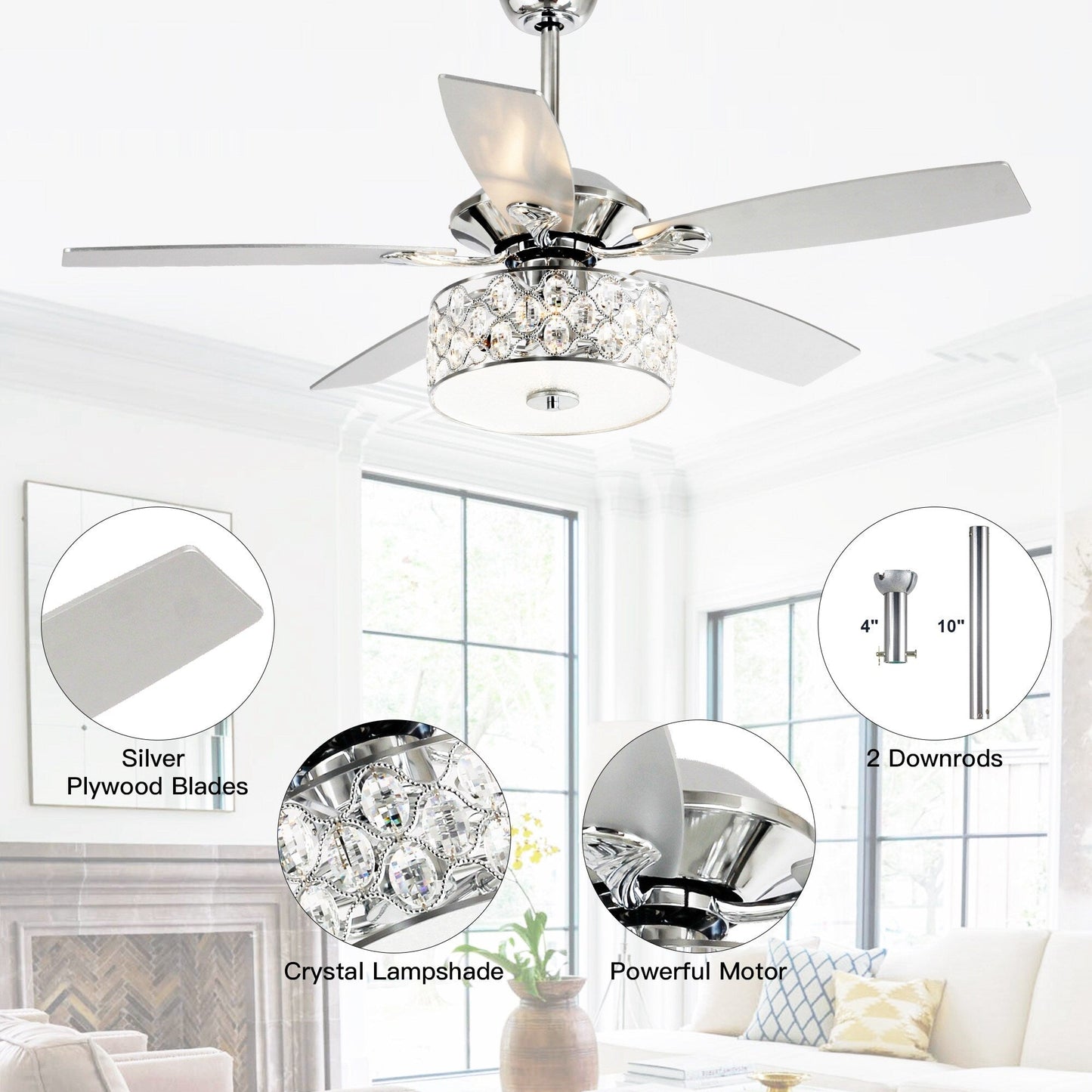 52 Modern 4-Light Chandelier Crystal Ceiling Fan with Remote