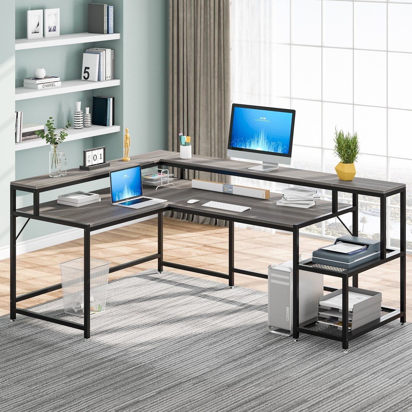 L Shaped Desk with Monitor Shelf, Reversible Corner Computer Desk for Office Home 69