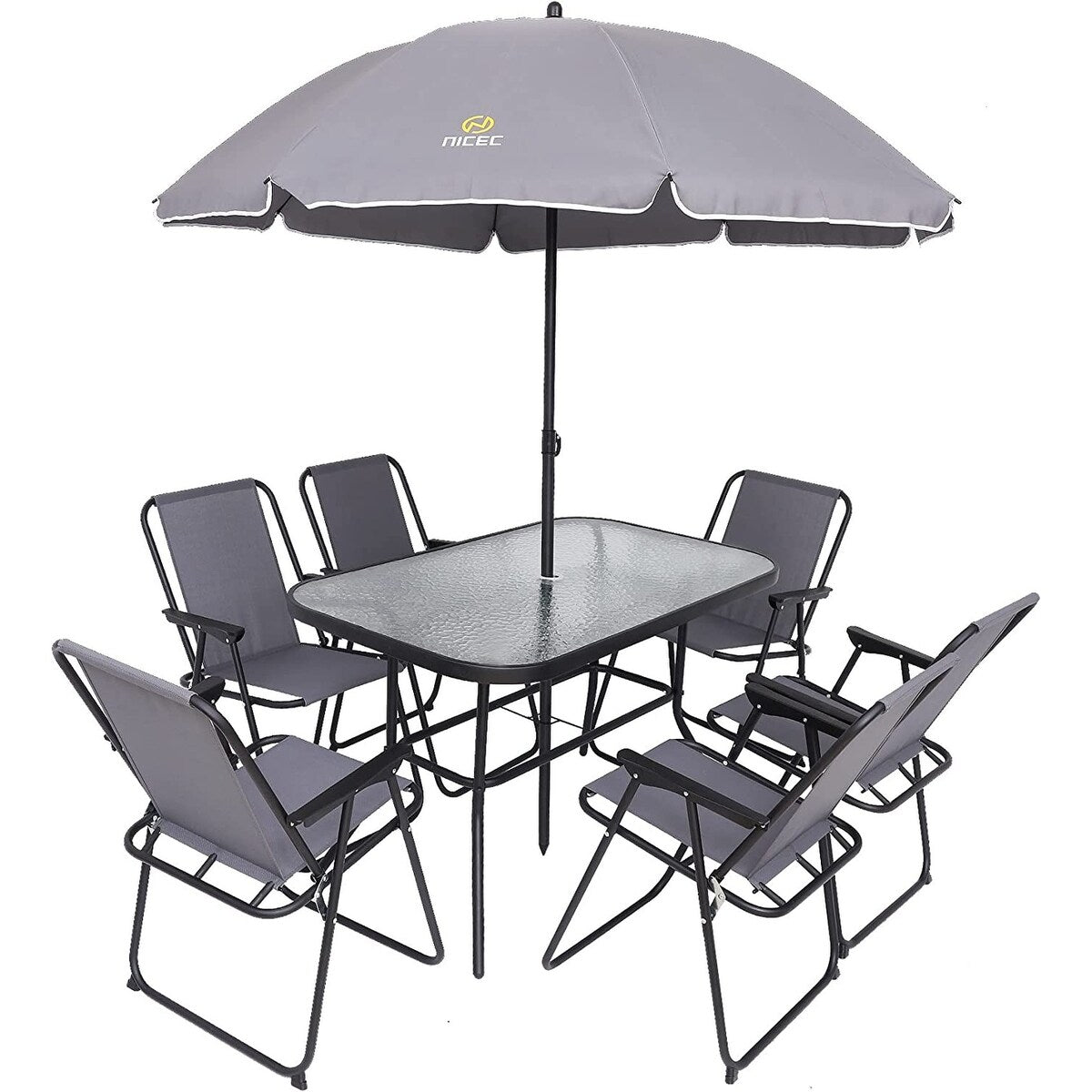 8-Piece Patio Dining Set, Garden Outdoor Table Set with Removable Umbrella, Glass Table, and 6 Folding Chairs