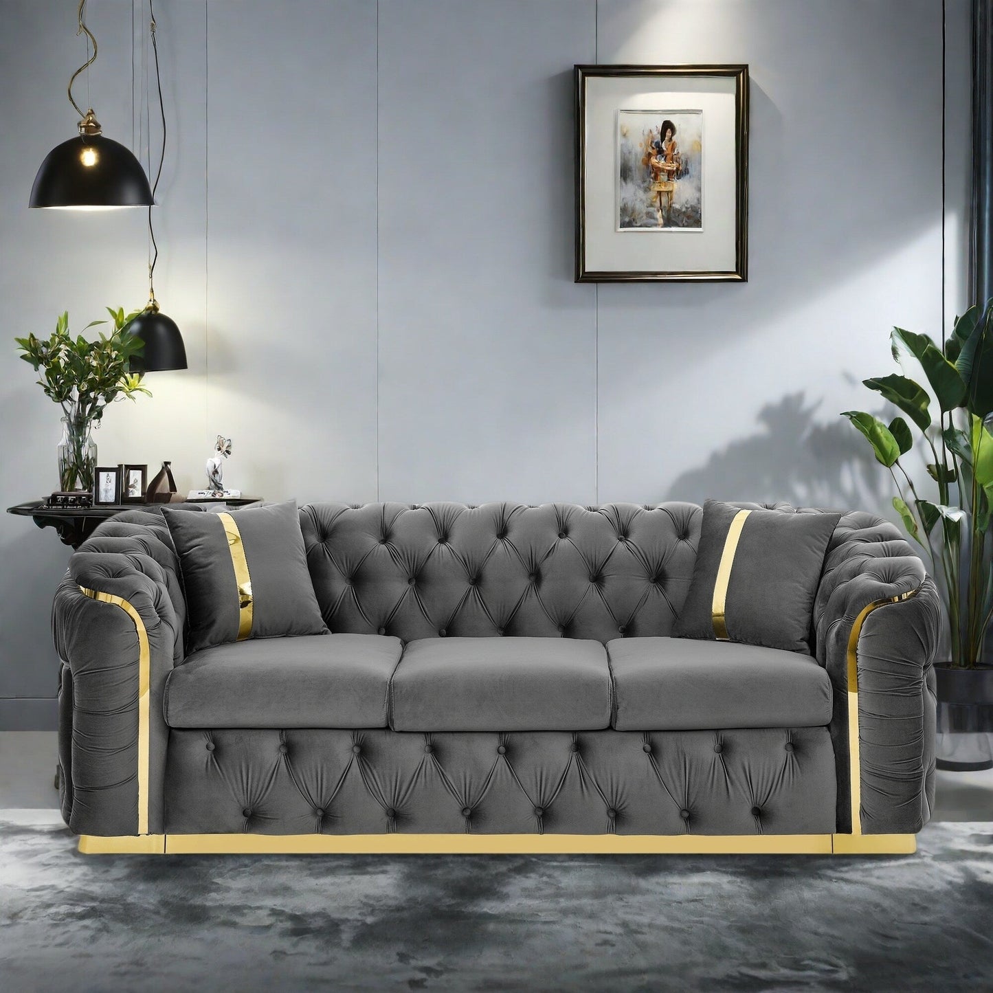 90.6 Velvet 3-Seater Sofa with 2 Pillows High-Density Cushions, Gold Accents, and Pillows