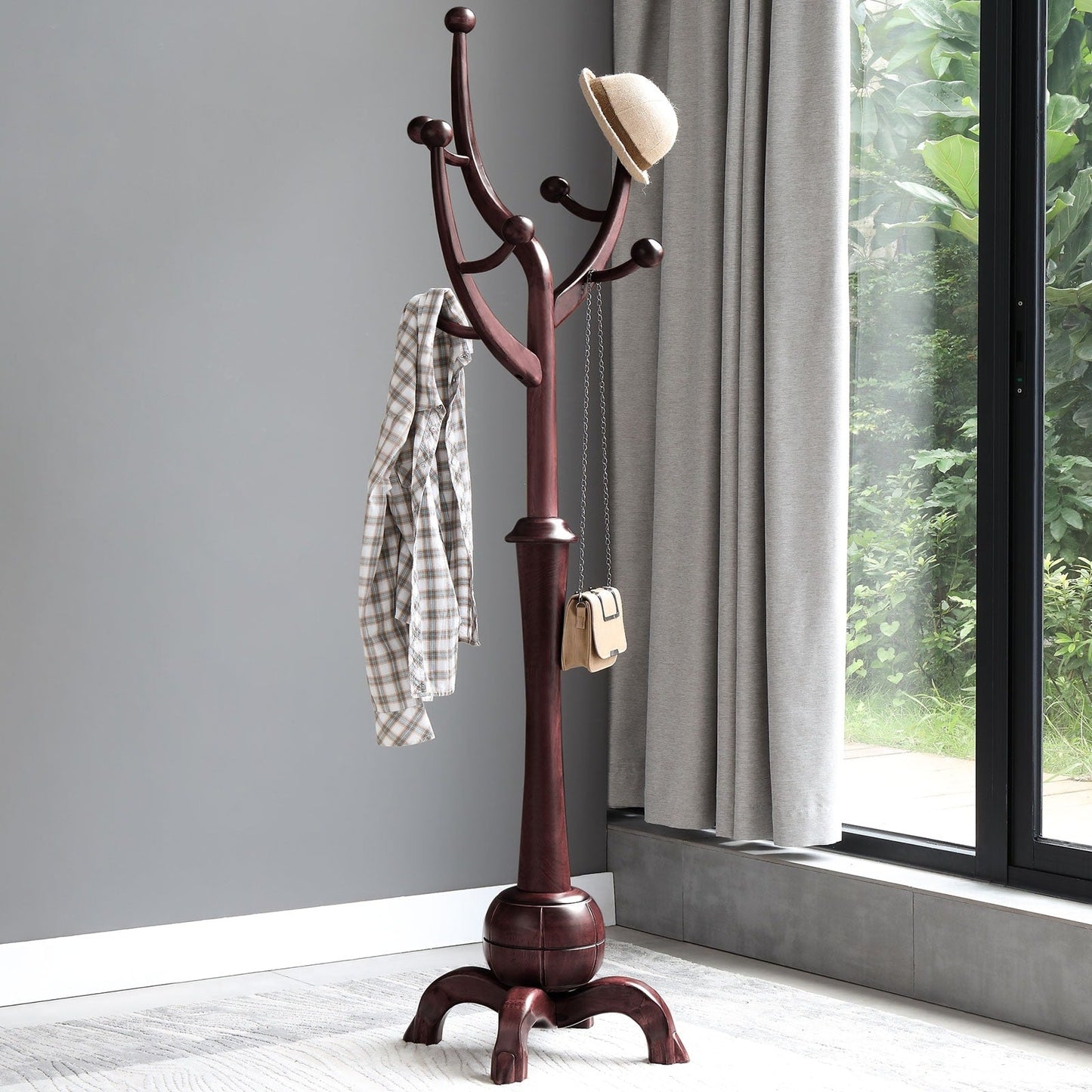 Tree-branch Rubberwood Freestanding Coat Rack with 8 Hooks - 24.5W x 70.87H