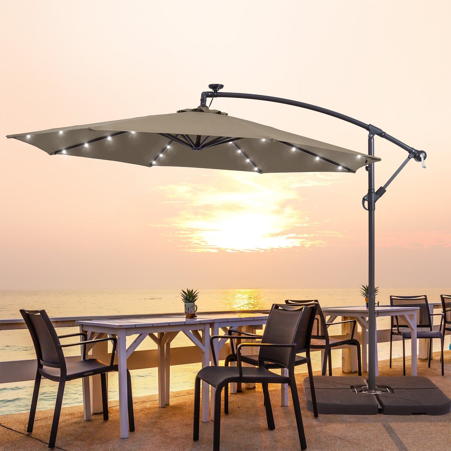 LIVOOSUN 10ft LED Patio Offset Umbrella With Cross Base