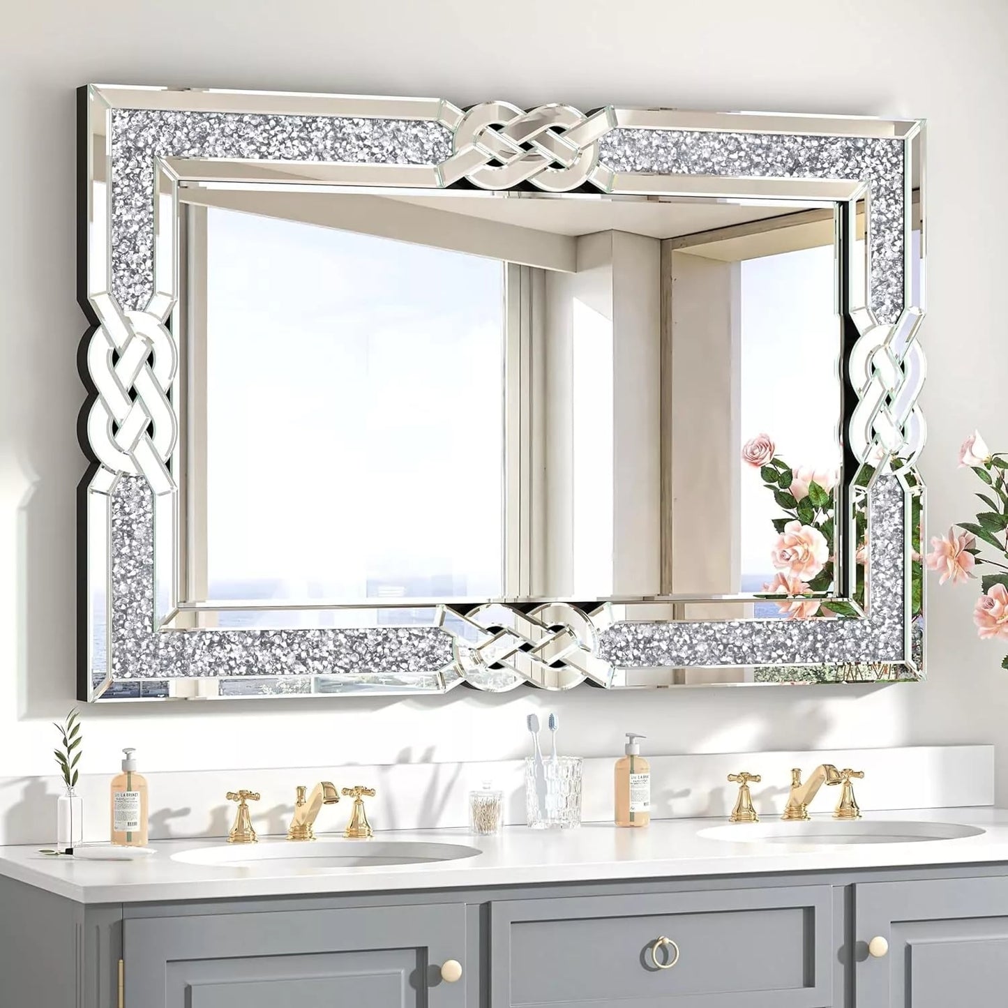 Large Interlocking Mirrored Wall Mirror with Crystal Beads Rectangle