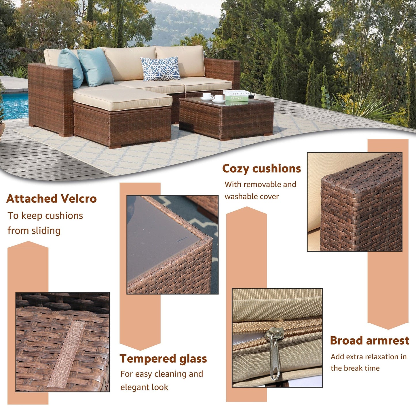 5-piece Outdoor Wicker Sectional Sofa Set with Cushions