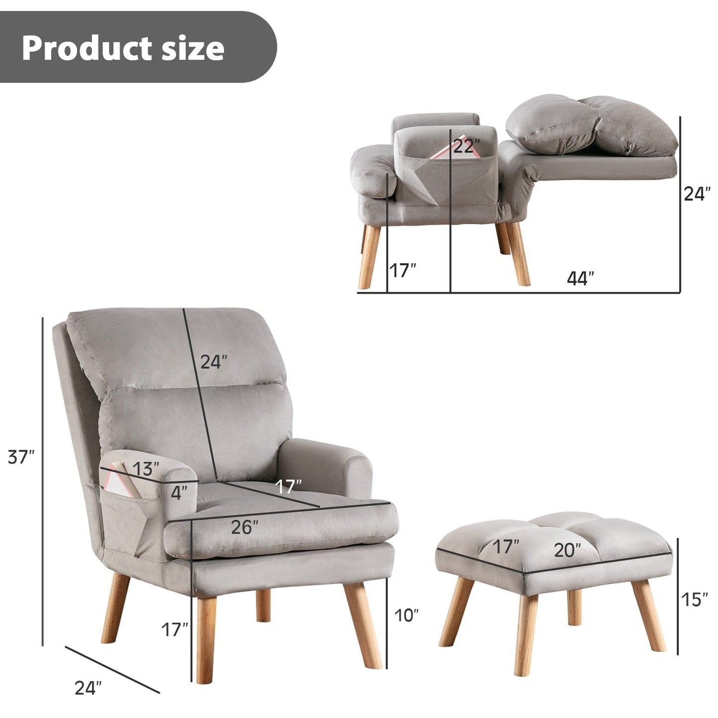 Soft Fabric Casual Living Room Armchair With Adjustable Backrest And Legs Stool