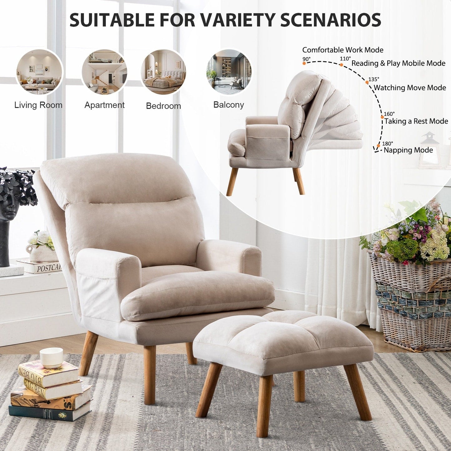 Soft Fabric Casual Living Room Armchair With Adjustable Backrest And Legs Stool