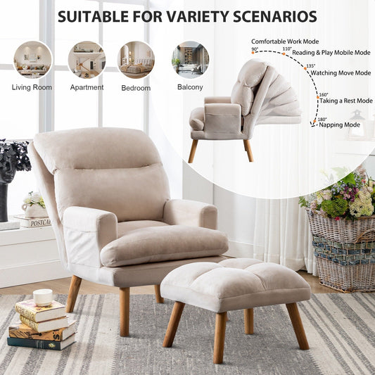 Soft Fabric Casual Living Room Armchair With Adjustable Backrest And Legs Stool