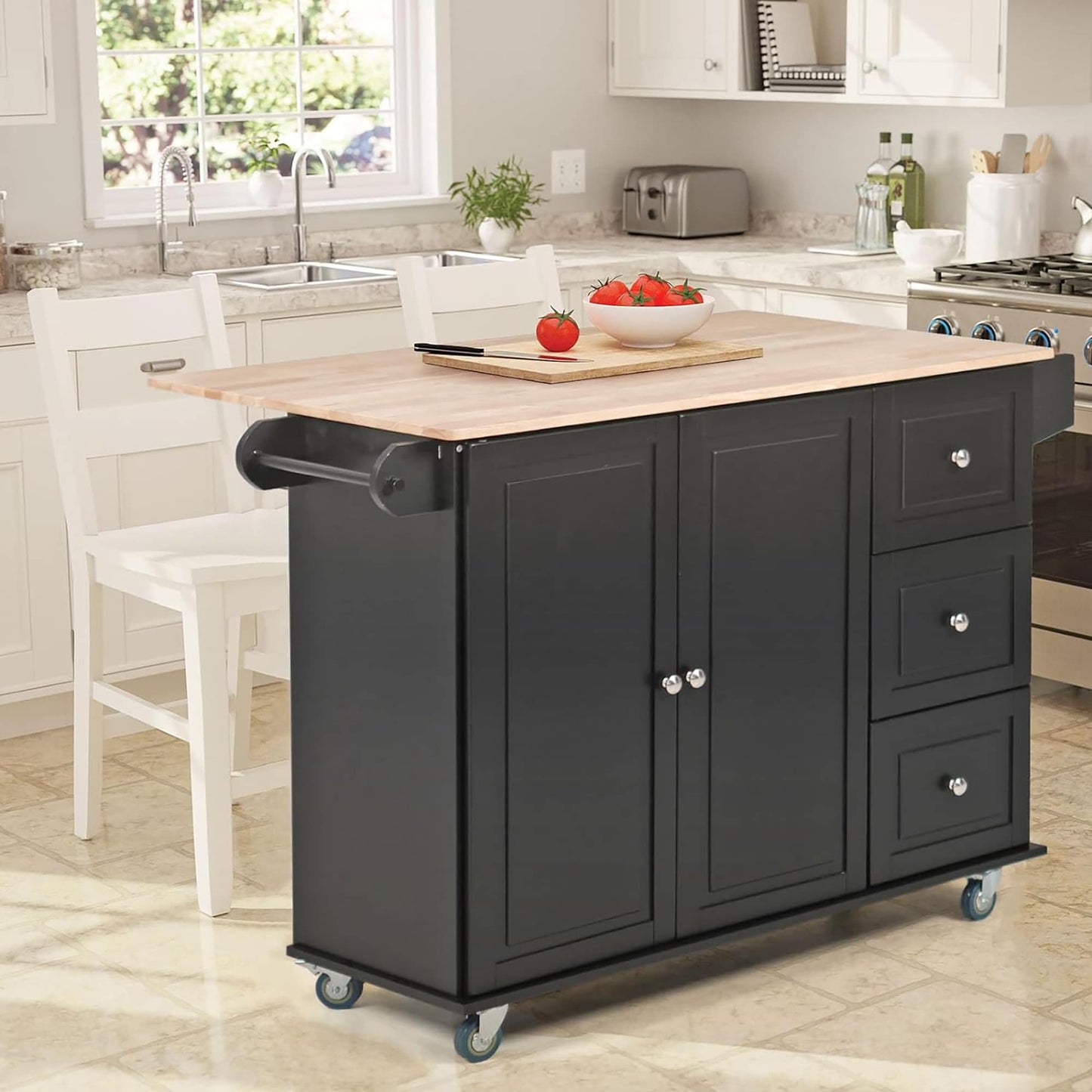 Sophia & William Kitchen Island Cart with Drop-Leaf and Rubber Wood Top, Rolling Kitchen Trolley Cart with Large Storage Cabinet