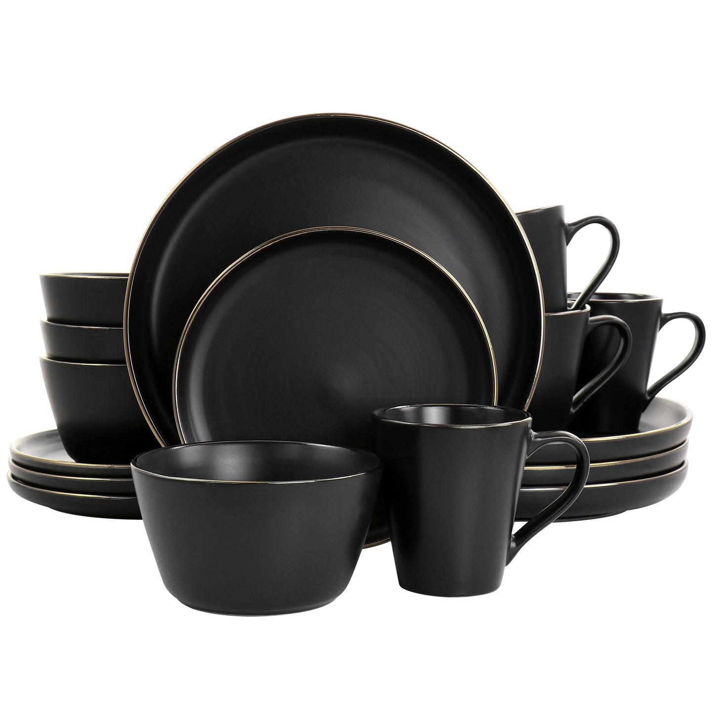 Stoneware Dinnerware 16 Piece Set in Black with Gold Rim