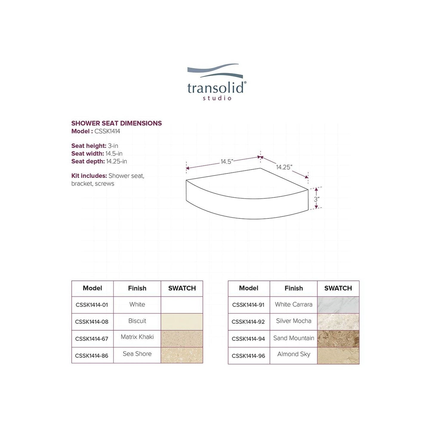 Transolid Studio 14-In X 14-In Solid Surface Wall-Mount Corner Shower Seat - 14.5 x 14.25 x 3