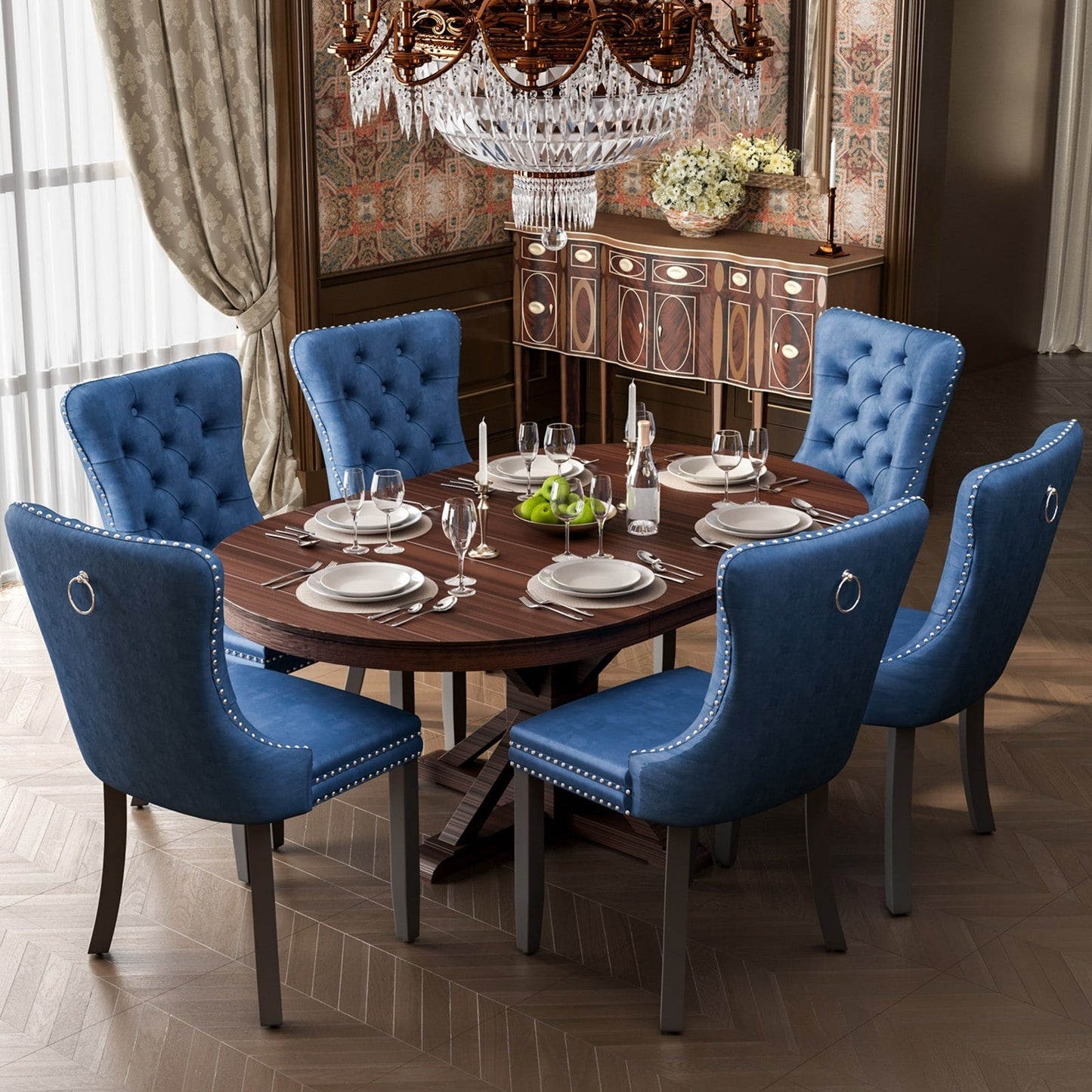 Upholstered Tufted Velvet Dining Chair with Solid Wood Legs Set of 6