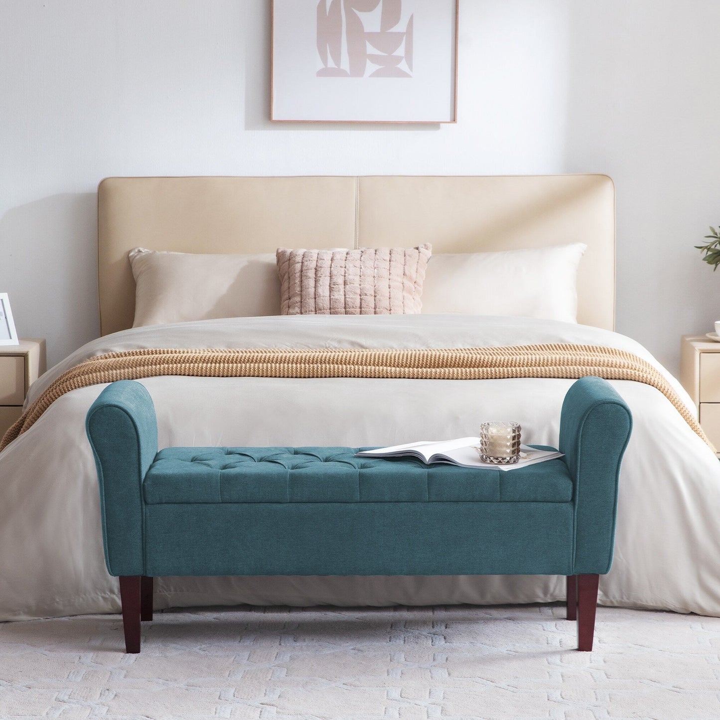 Upholstered Storage Bench Arm Bench Entryway Bench with Tufted Flip Top 50.4 Inches