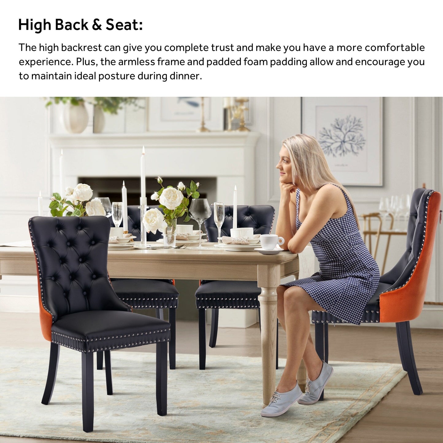 Upholstered Tufted Velvet Dining Chair with Solid Wood Legs Set of 6