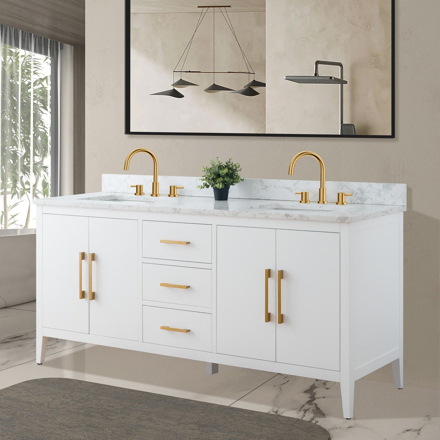 Vanity Art 72 Double Sink Bathroom Vanity Cabinet with Engineered Marble Top