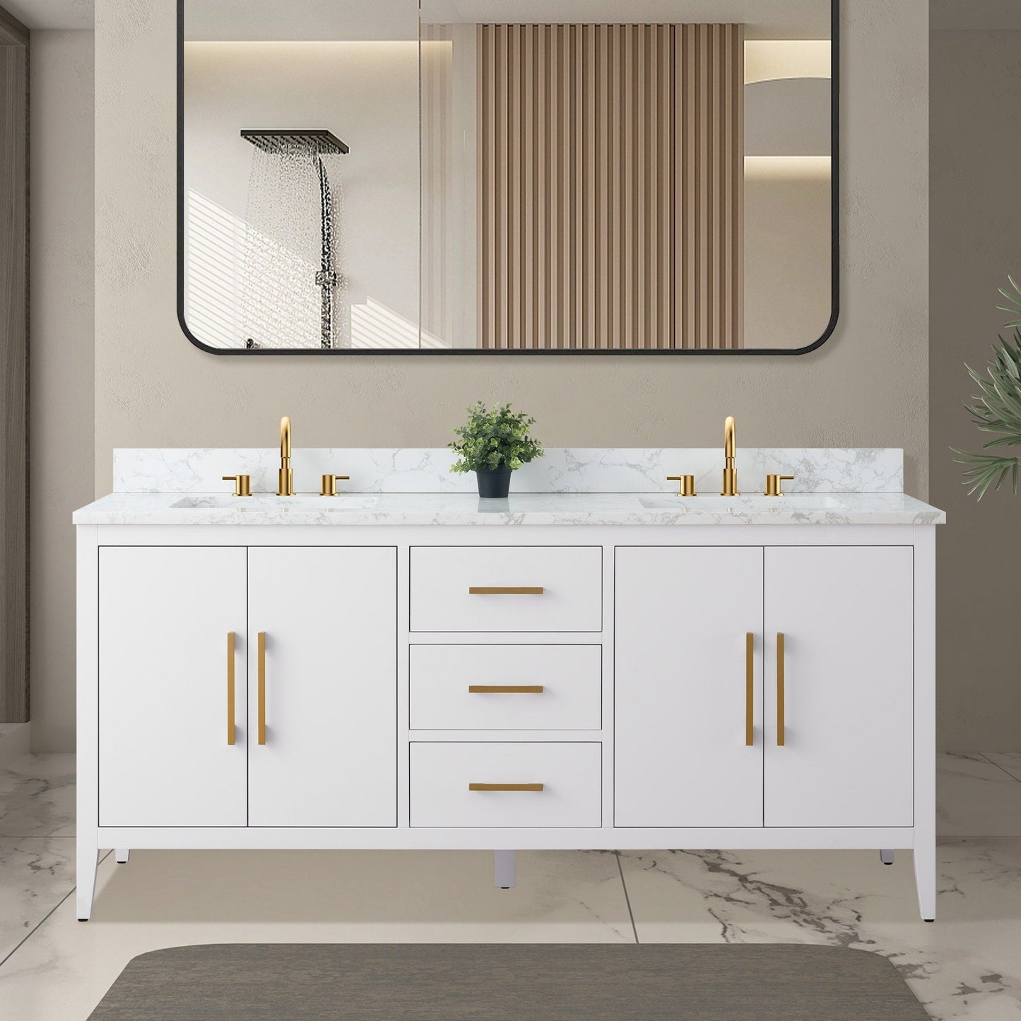 Vanity Art 72 Double Sink Bathroom Vanity Cabinet with Engineered Marble Top