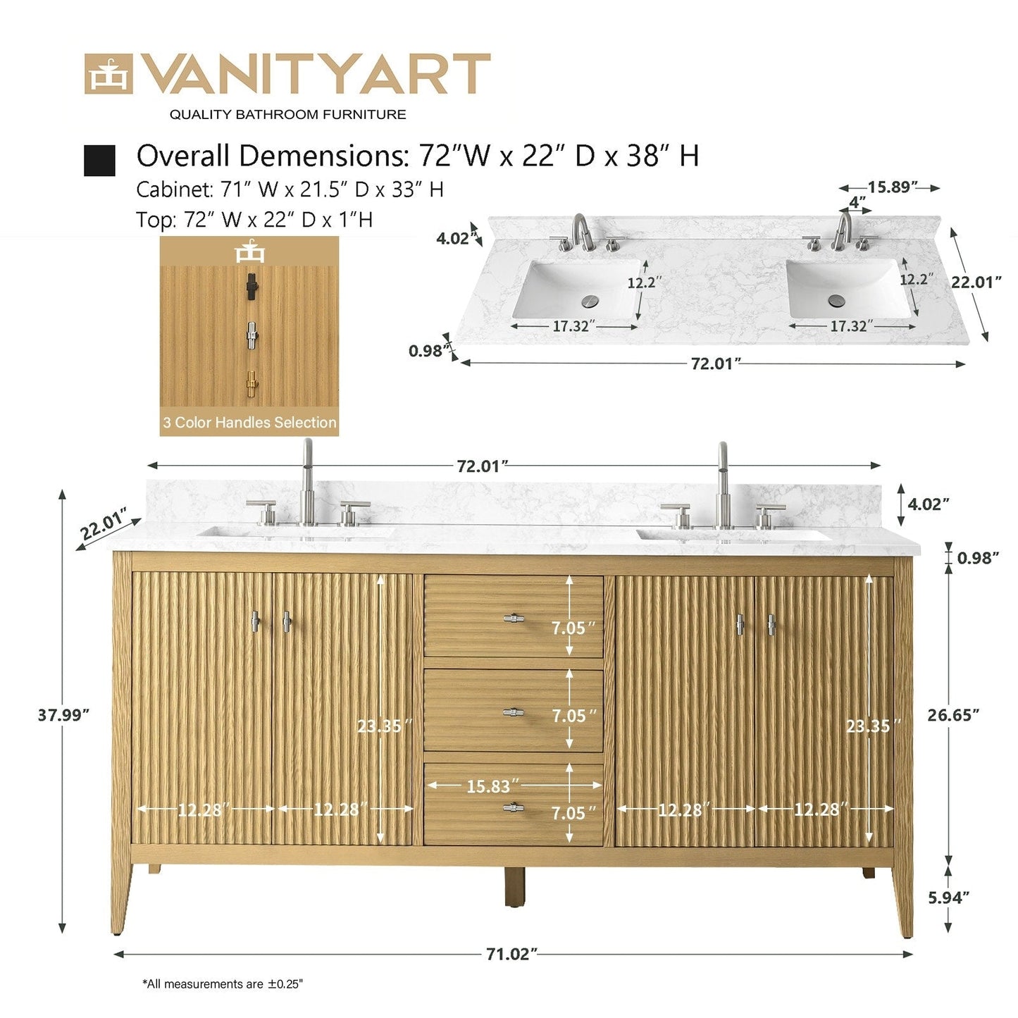 Vanity Art 72 Double Sink Bathroom Vanity Cabinet with Engineered Marble Top