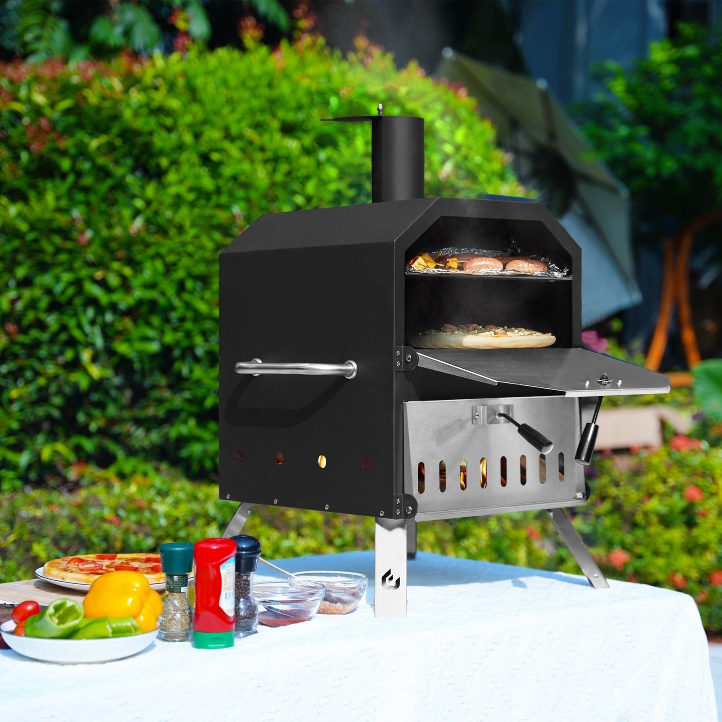 2-Layer Outdoor Pizza Oven Wood Fired Pizza Maker Outside Pizza Grill for Camping - 16 inch