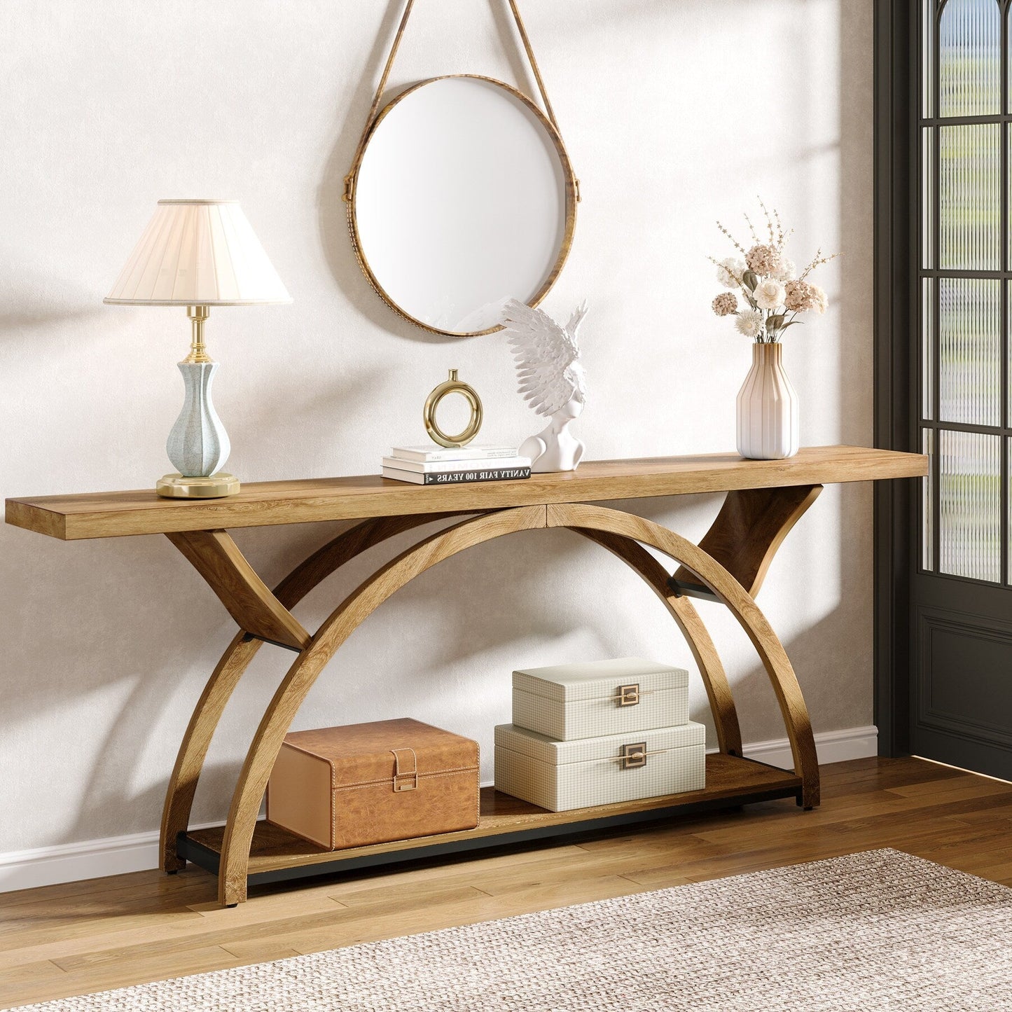 2-Tier Narrow Long Console Sofa Table with Semi-Circular Frame for Entryway,Gray Hallway Accent Tables