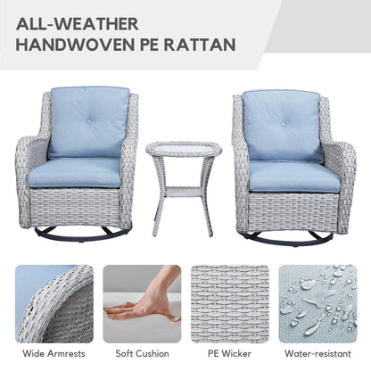 Gymojoy 3 Piece Outdoor Wicker Swivel Rocker with Cushion & Table