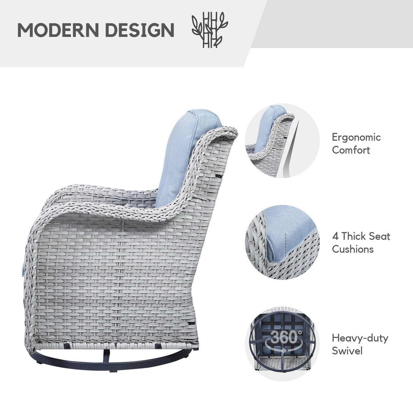 Gymojoy 3 Piece Outdoor Wicker Swivel Rocker with Cushion & Table