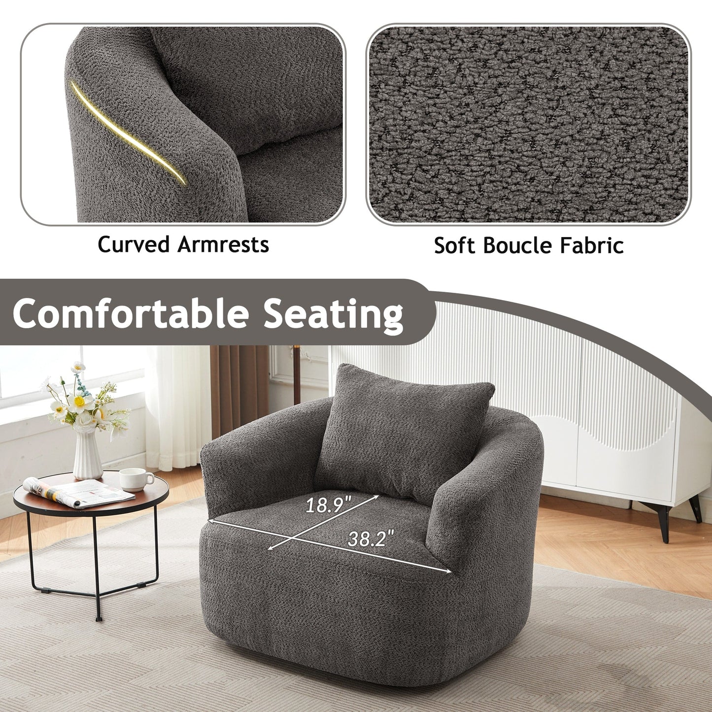 360° Swivel Chair, 38.2 Boucle Accent Chair with Throw Pillow, Upholstered Barrel Sofa Chair with Curved Armrests