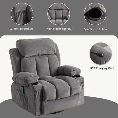 360° Swivel Recliner Chair with Massage, Heat, USB, and Cup Holders
