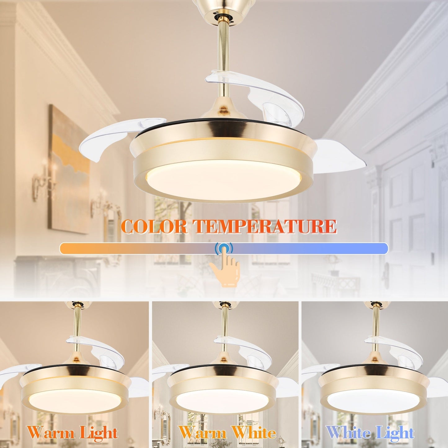 Bella Depot 36 Modern Retractable Ceiling Fan with Led Light, 6-Speed Reversible Blades with Remote