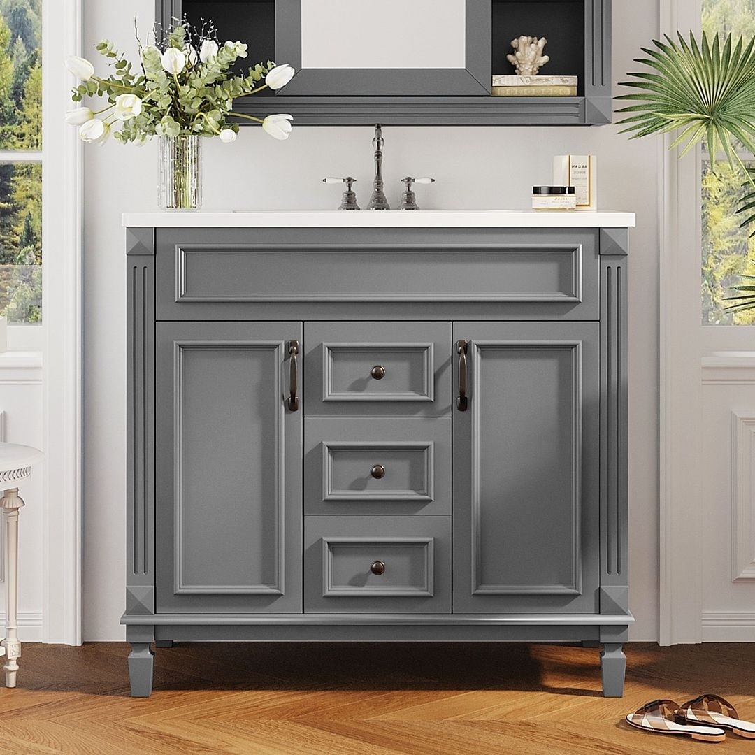 36'' Modern Bathroom Vanity with Top Sink and Mirror Cabinet,2 Doors and 2 Drawers