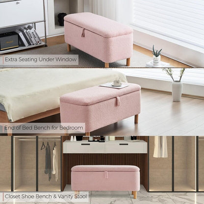 39.5 Off White Boucle Storage Ottoman Bench Sherpa Storage Bench Ottoman Foot Rest End of Bed for Living Room Bedroom,Wood Leg