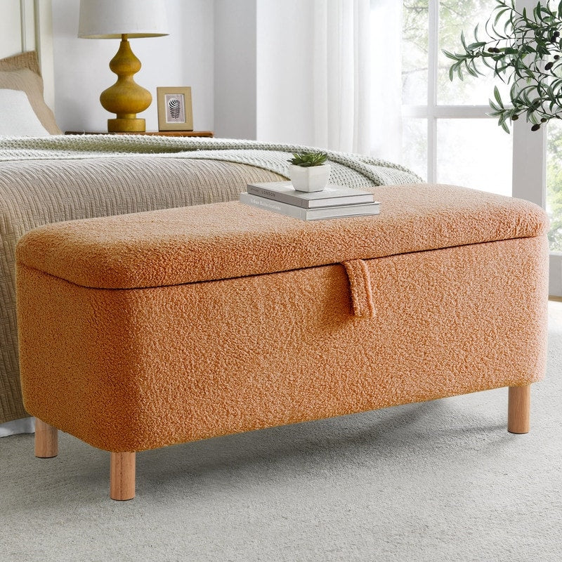 39.5 Off White Boucle Storage Ottoman Bench Sherpa Storage Bench Ottoman Foot Rest End of Bed for Living Room Bedroom,Wood Leg