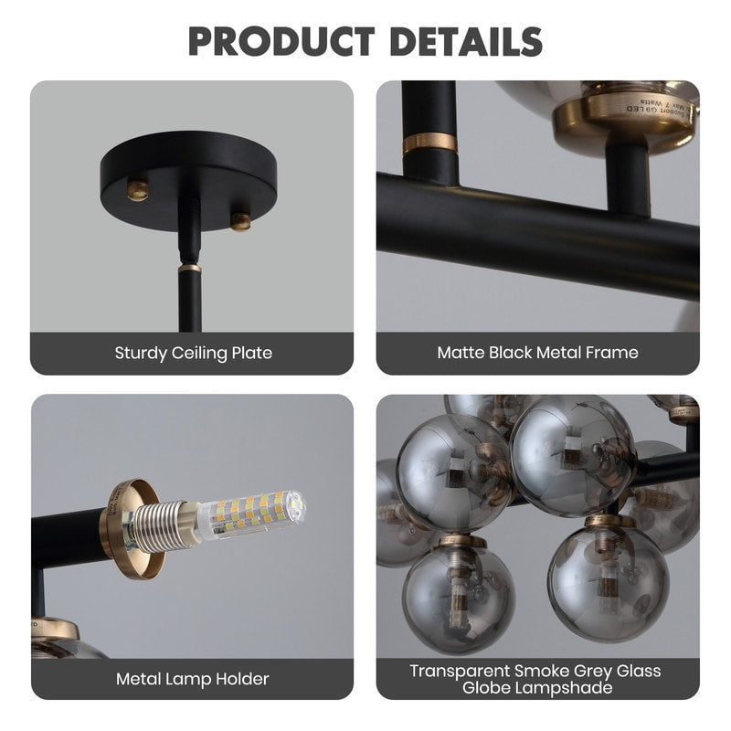 40 in. Linear Mid Century Modern Chandelier 16-Light Gold Brass Sputnik Pendant Light with Frosted Glass Globe for Dining Room