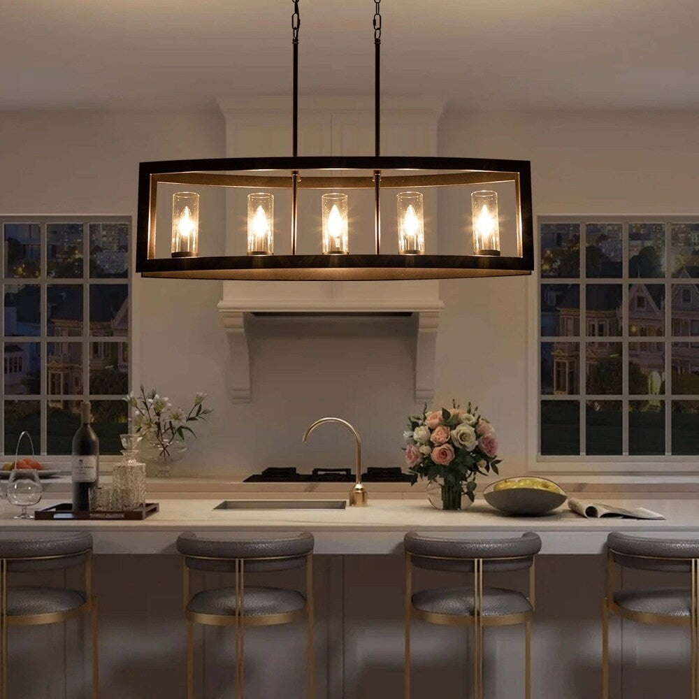 5-Light Mid-Century Modern Industrial Linear Kitchen Island Pendant Vintage Rectangle Glass Chandelier