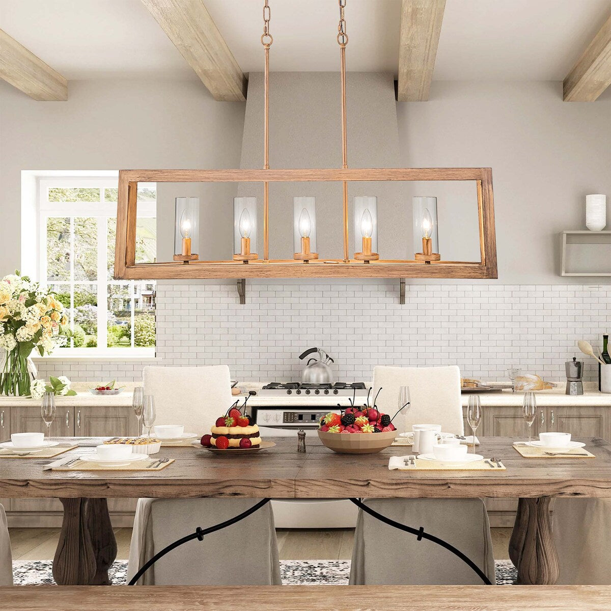 5-Light Mid-Century Modern Industrial Linear Kitchen Island Pendant Vintage Rectangle Glass Chandelier