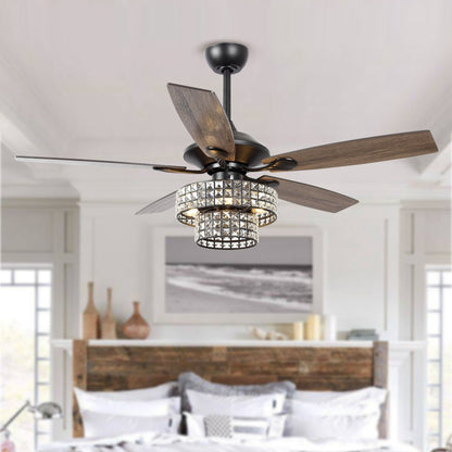 52-inch Chrome Wooden 5-blade Modern Crystal Ceiling Fan with Remote