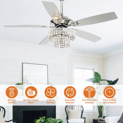 52-inch Chrome Wooden 5-blade Modern Crystal Ceiling Fan with Remote