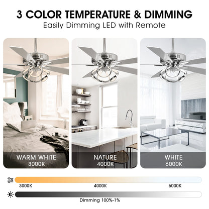 52 Modern Chrome/ Black Indoor Dimmable LED Ceiling Fan with Light and Remote