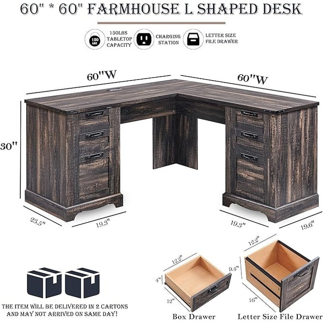 60 Farmhouse L Shaped Executive Desk, Wood Corner Desk, Computer Desk