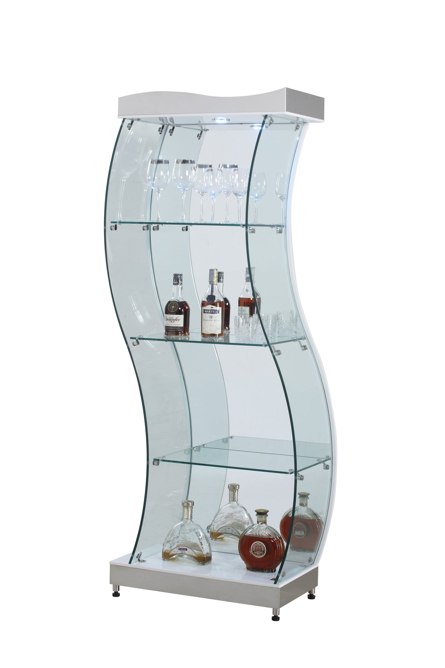 S Shaped Glass Curio w/ LED Lights | Modern Motion - 6618-CUR-WHT