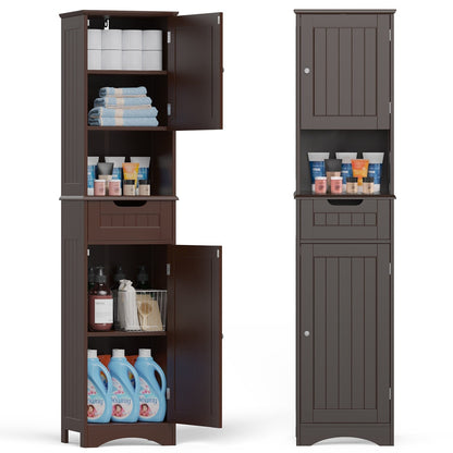 67'' Tall Bathroom Narrow Linen Cabinet, 5 Tiers Solid Wood Freestanding Storage Cabinet
