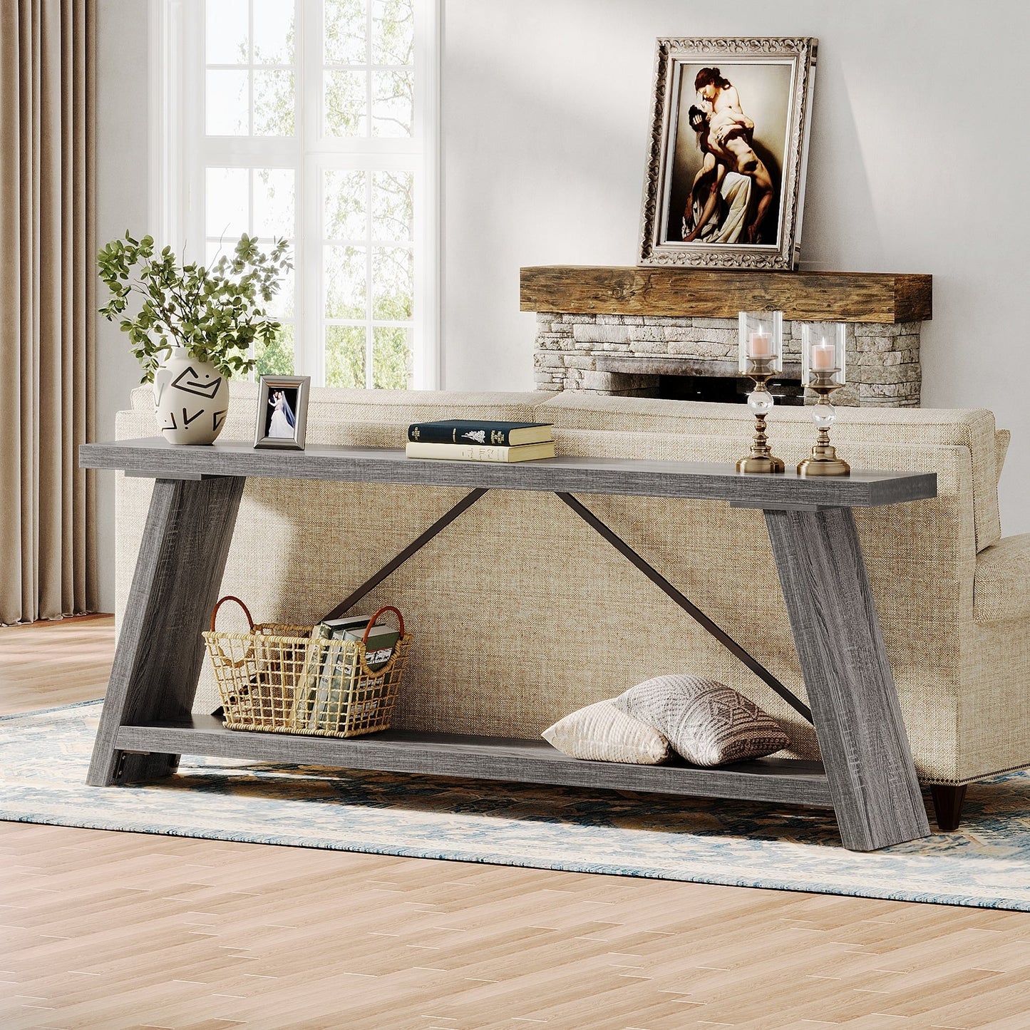 70.9 Inches Long Rustic Wood Console Sofa Table with Storage Shelf